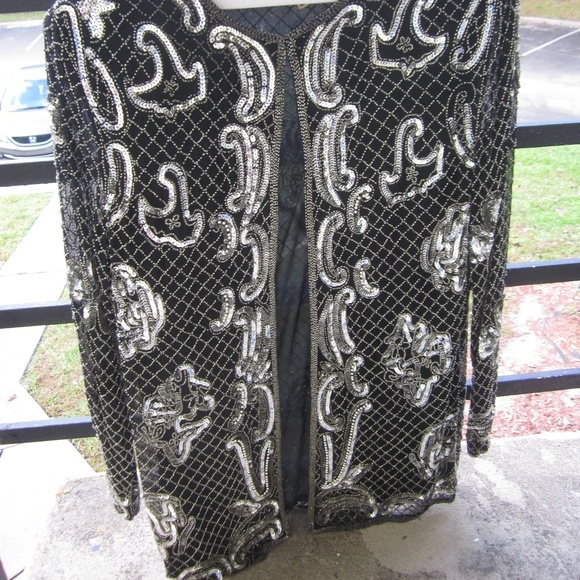 Silk black jacket with silver sequined design - Picture 2 of 7